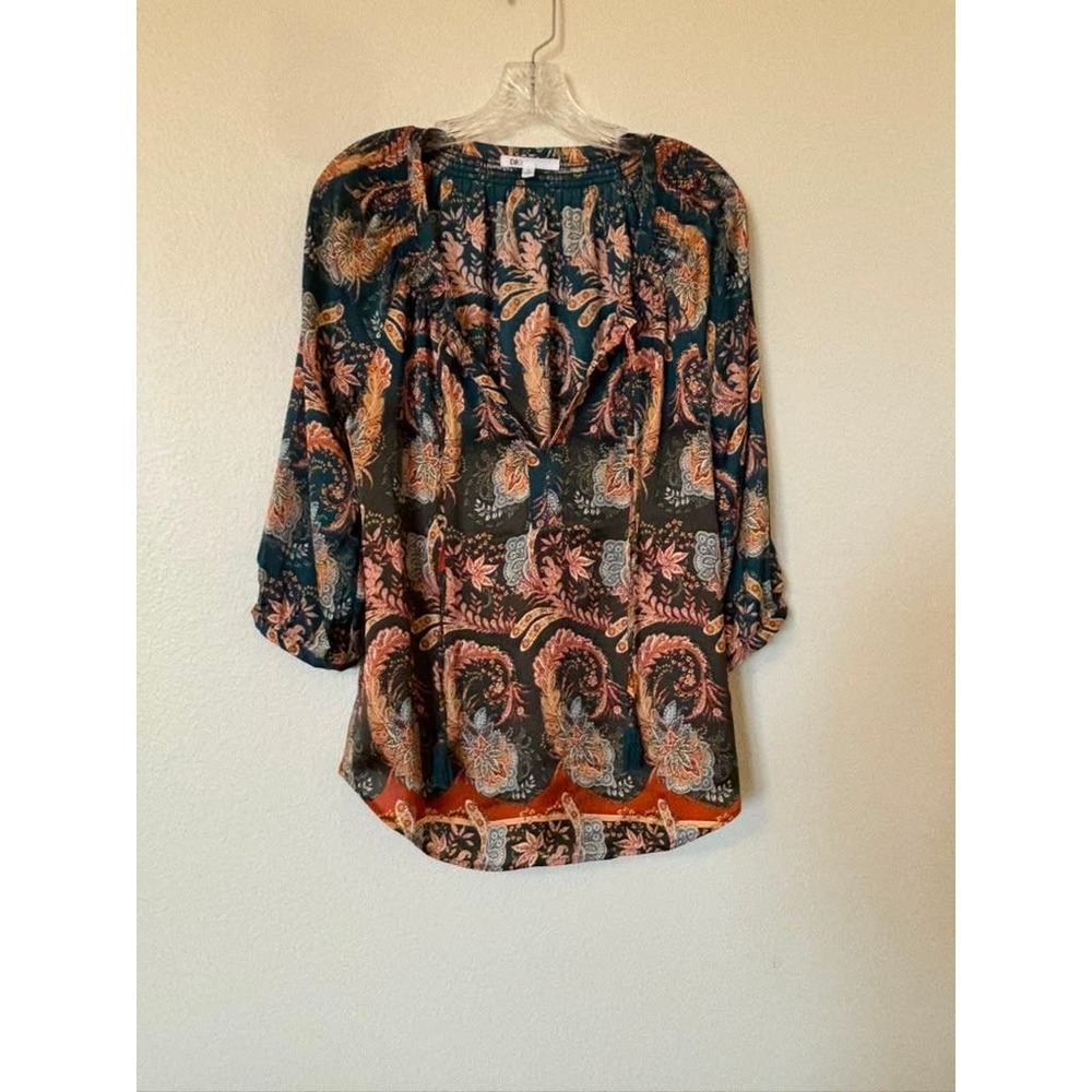 DR2‎ Womens Teal Orange Paisley Peasant Blouse 3/4 Sleeve Tassel Top Size M 3187